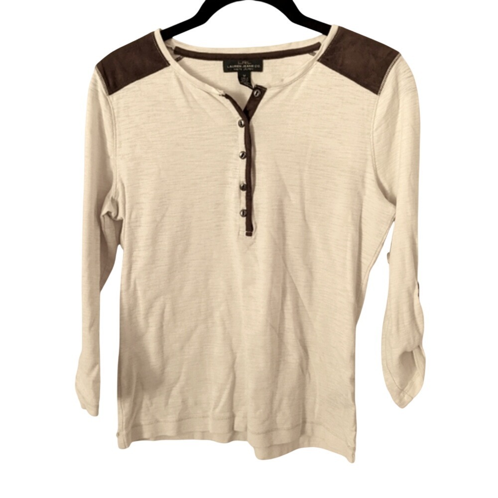 Women's size M Lauren Ralph Lauren cream 3/4 sleeve top with faux suede‎ details